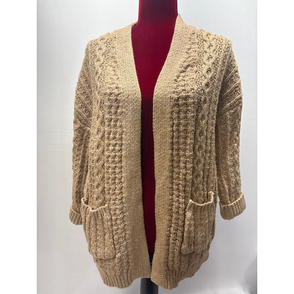 Women Khaki tan chunky knit cardigan sweater large (12-14) open front boho